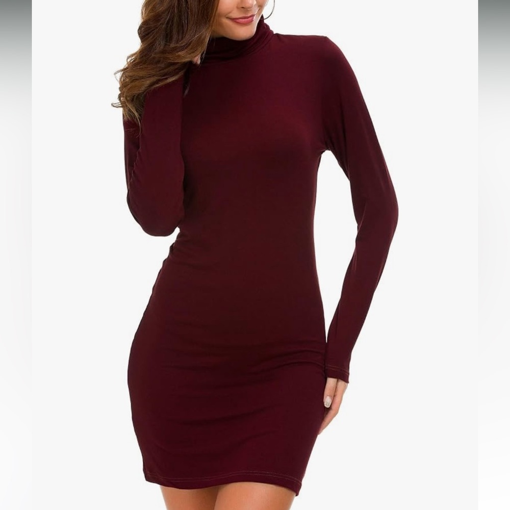 Elegant Burgundy Long Sleeve Knit Mini Dress. Bodycon Size Larg